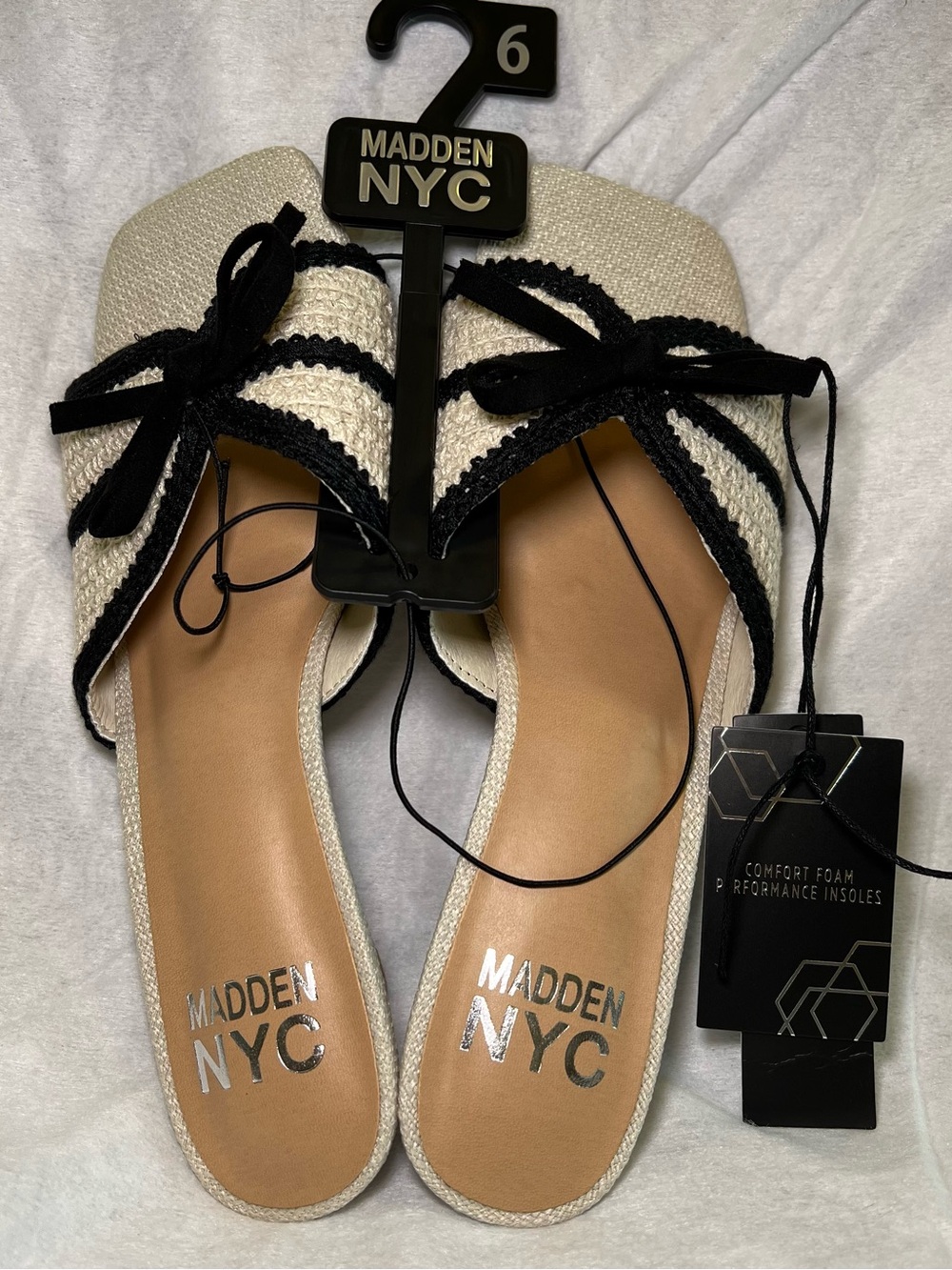 Madden NYC Cream and Black Bow Slide Sandals